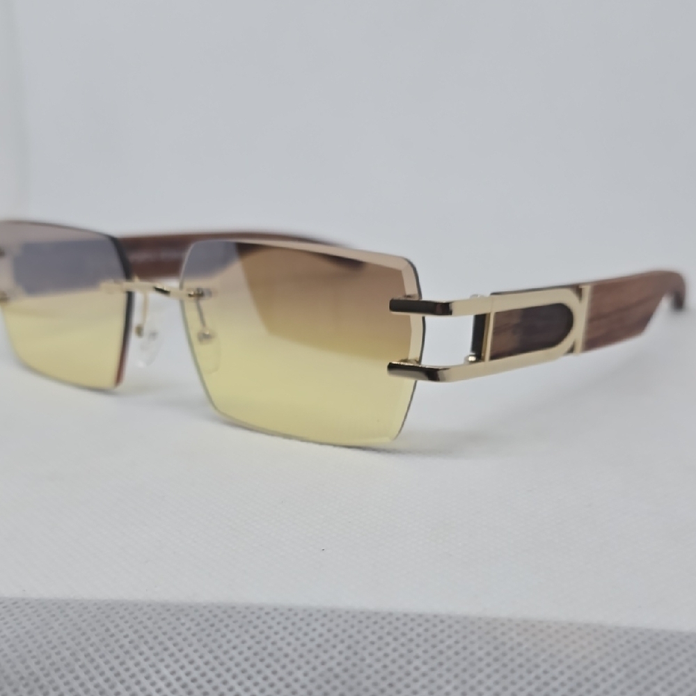 Designer Wooden Temple Rimless Sunglasses with Yellow Gradient Lenses